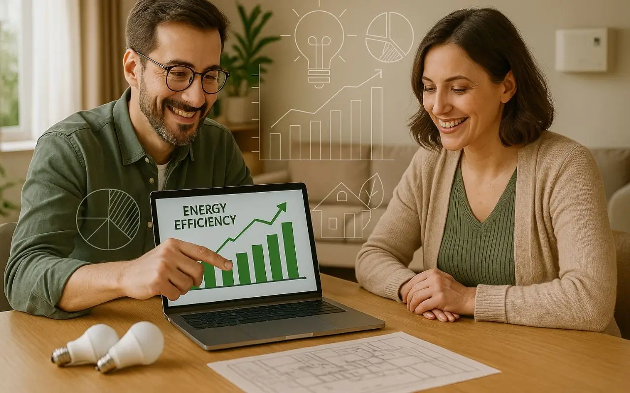 Homem e mulher analisando gráfico de eficiência energética em notebook durante consultoria, com lâmpadas LED e planta baixa sobre a mesa, simbolizando economia e sustentabilidade.