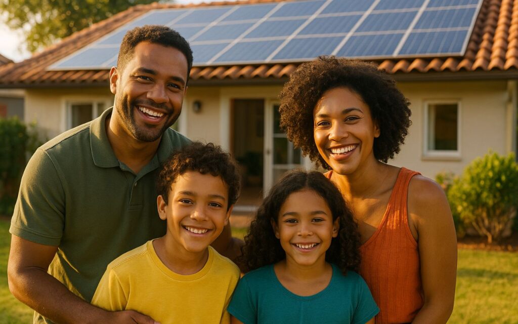Investir em Energia Solar ou Deixar o Dinheiro no Banco? Entenda o Que Vale Mais a Pena Familia feliz em casa com energia solar resultado de investir em energia solar Família sorridente em frente a uma casa com sistema solar no telhado, representando os benefícios de investir em energia solar no dia a dia.