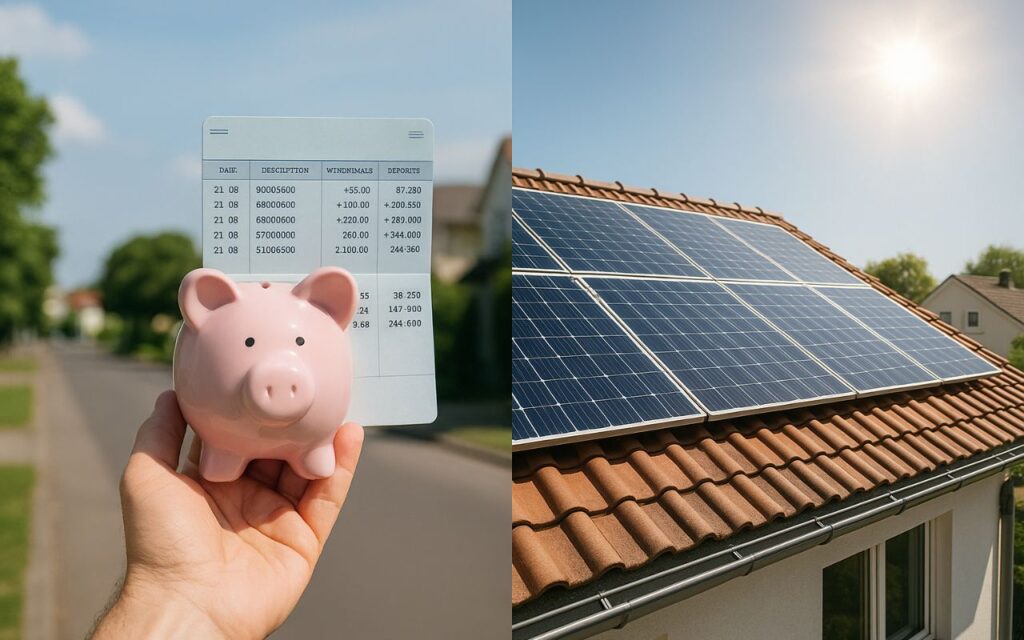 Comparação entre guardar dinheiro na poupança e investir em energia solar, mostrando cofrinho e telhado com painéis solares ao sol.