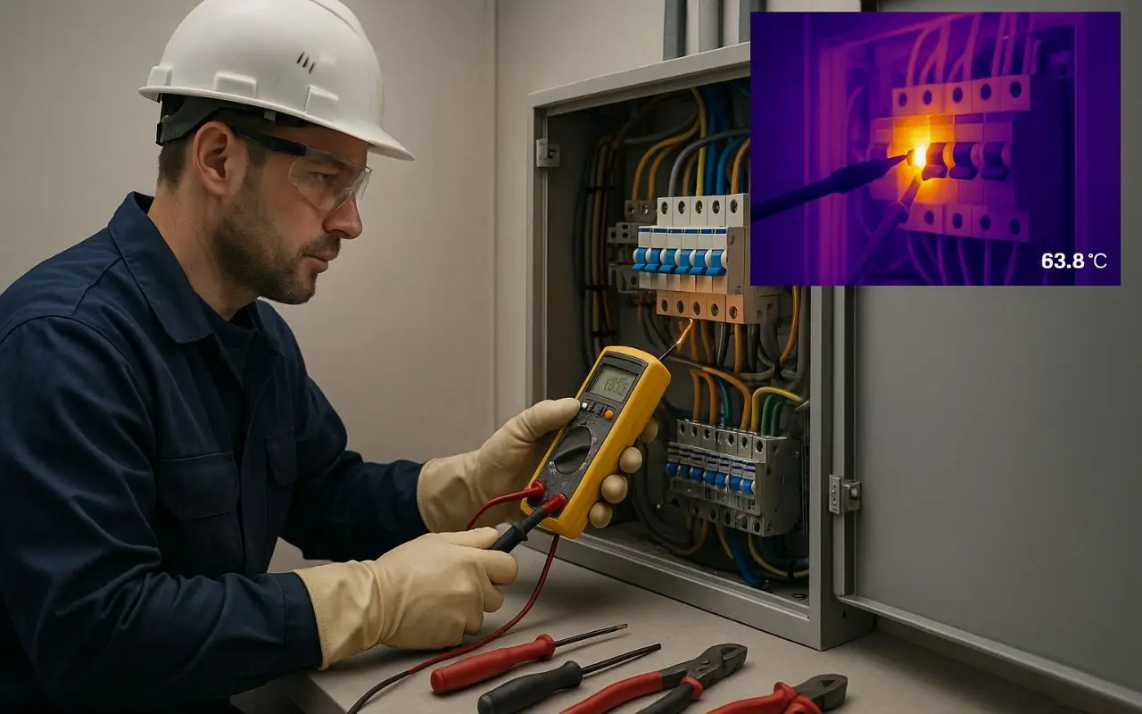 Engenheiro realizando perícia elétrica em quadro de energia com multímetro e termografia